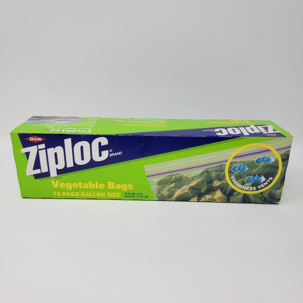 NOS Vintage Dow Ziploc Vegetable Freshness Bags - Gallon size NEW Box of 15 Bags